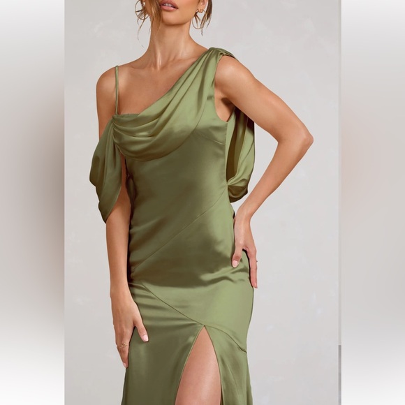 CLUB L LONDON JAYNE OLIVE SATIN ASYMMETRIC DRAPED SPLIT MAXI DRESS - Picture 3 of 6